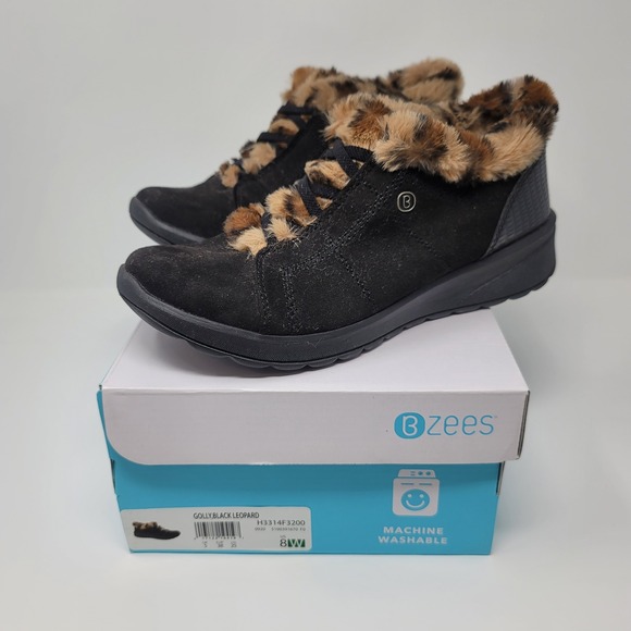 Bzees Shoes - Bzees Golly Black Leopard Faux Fur SlipOn Ankle Boot‎ Bootie 8W Machine Washable